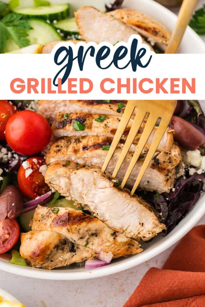 Sliced Greek chicken in salad.