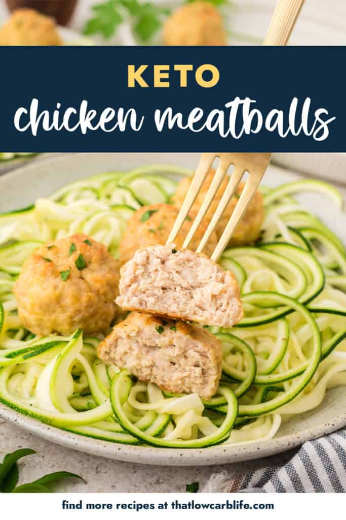 Chicken meatballs and zucchini noodles on plate.
