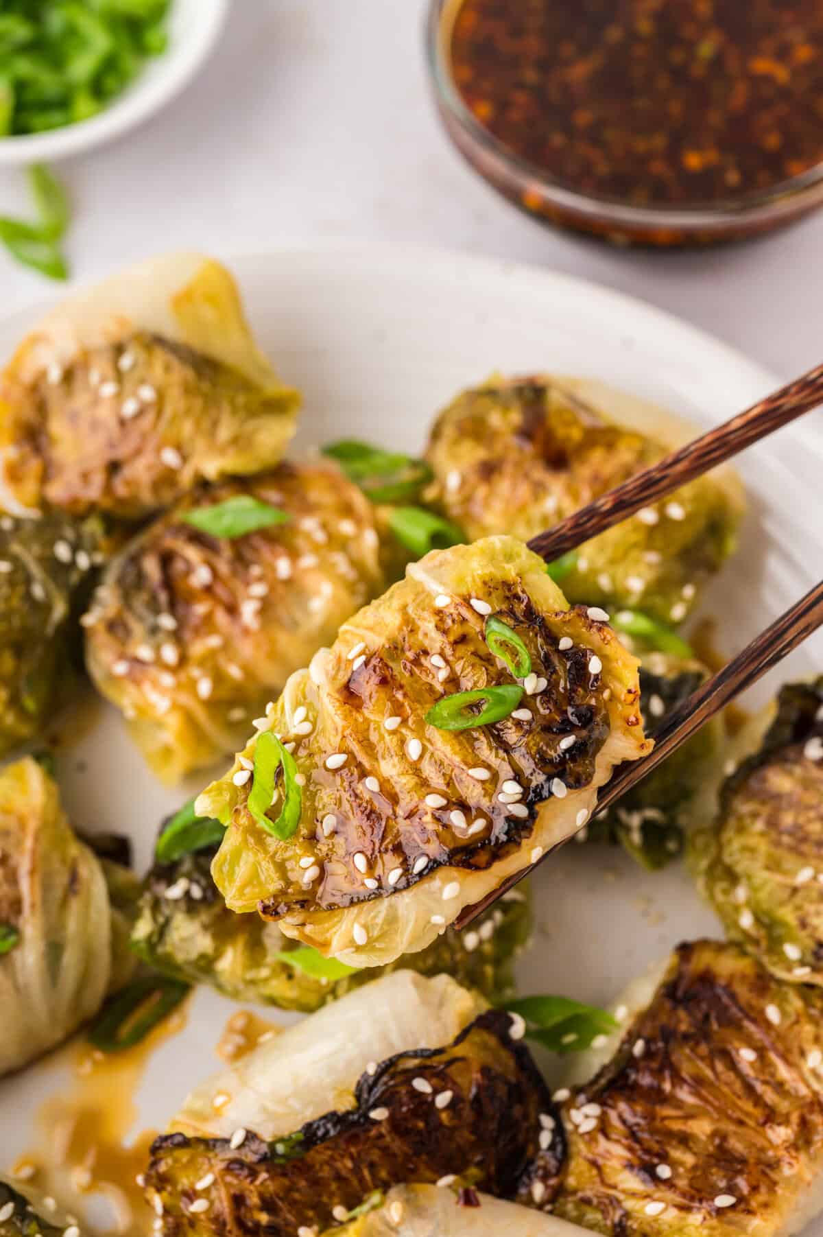 Chopsticks picking up a cabbage dumpling off a plate.