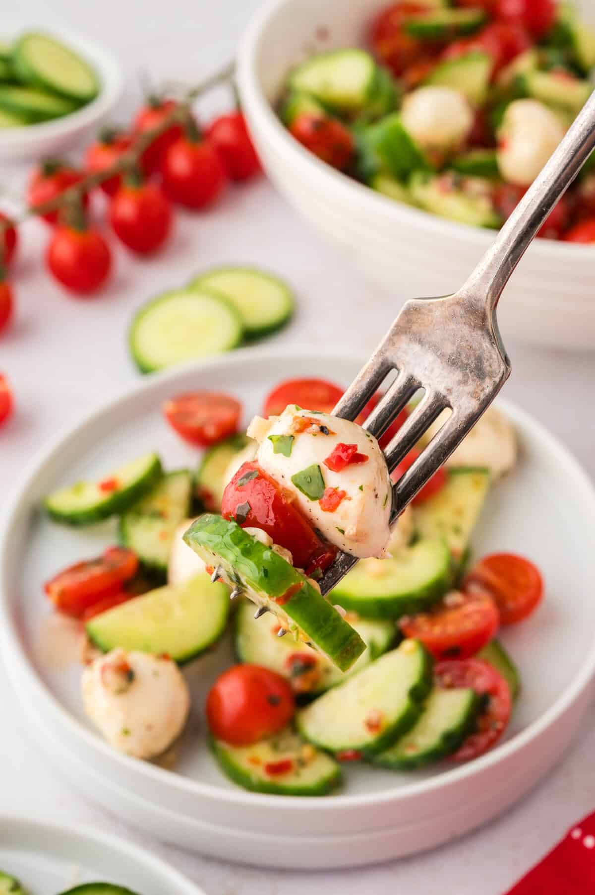 Fork with bits of cucumber, tomato, and mozzarella on it.