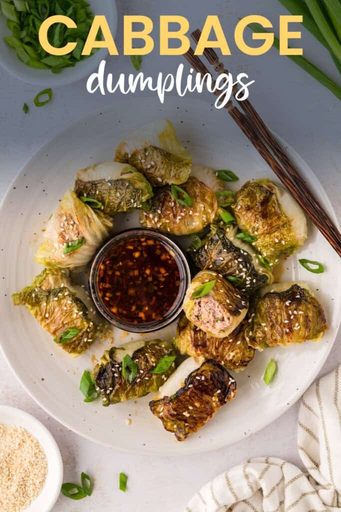 White plate filled with cabbage dumplings and keto potsticker sauce.