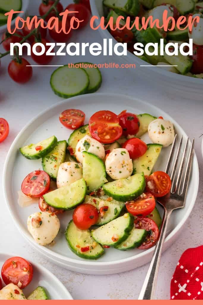 Small dish full of tomato cucumber mozzarella salad recipe.