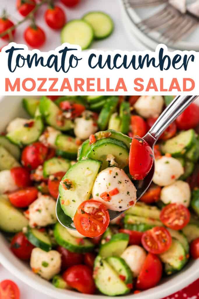 Serving spoon full of mozzarella cucumber salad.