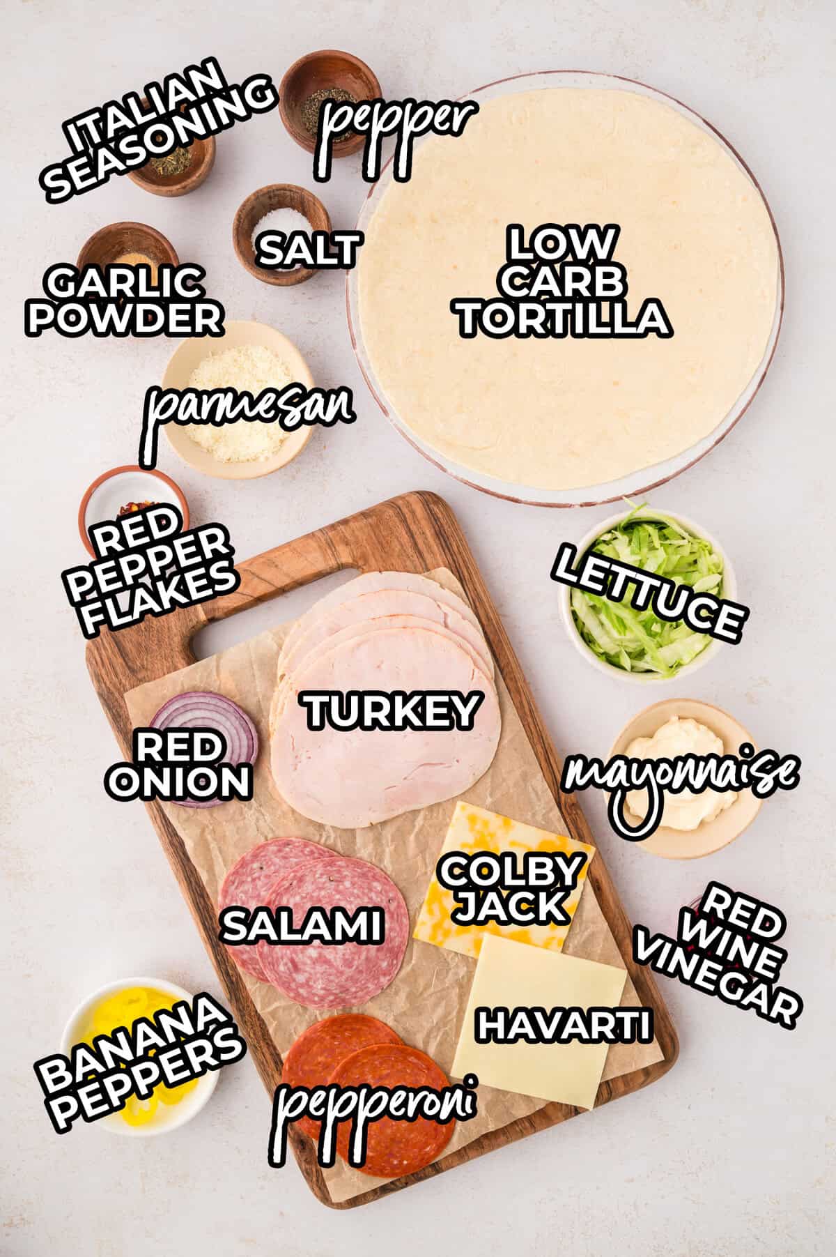 Ingredients for keto grinder wrap laid out on table.