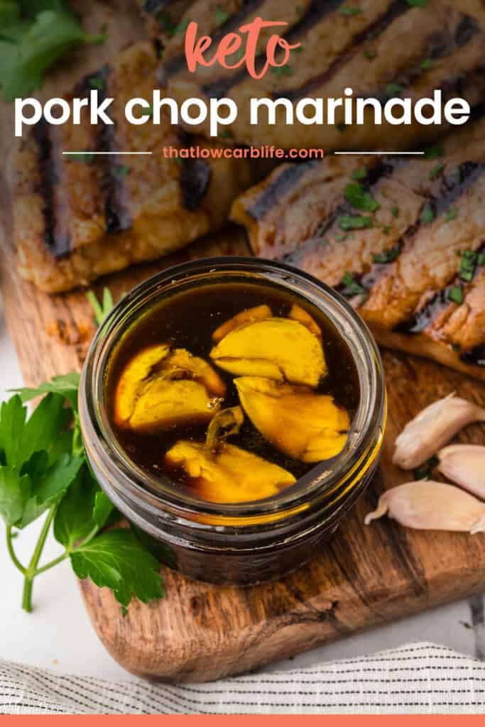 Keto pork chop marinade surrounded by pork chops.
