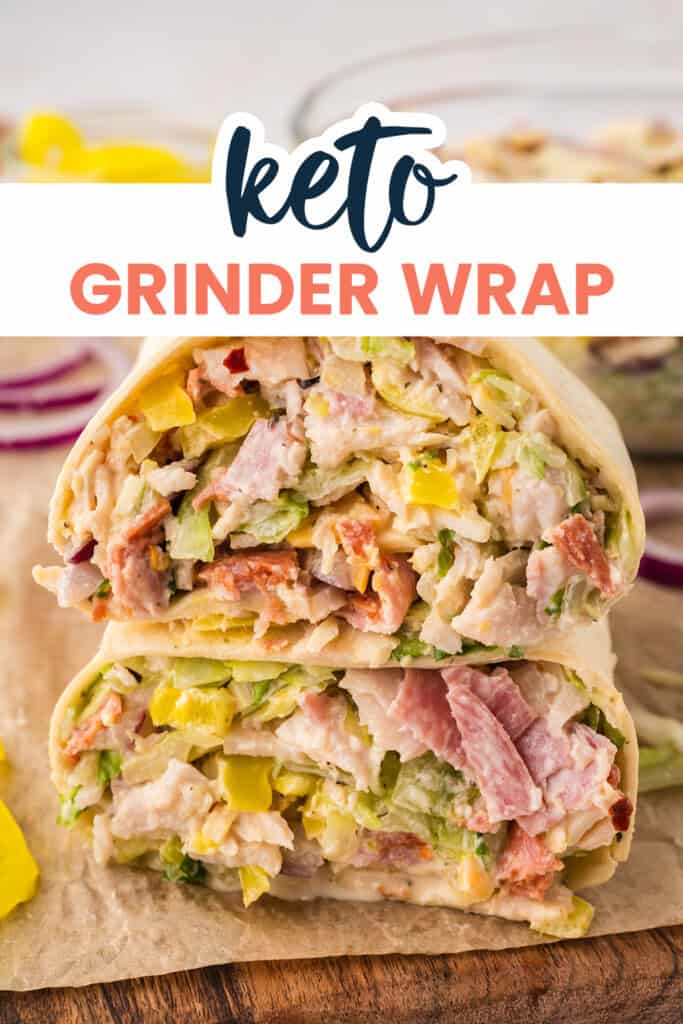 Keto grinder wrap cut in half and stacked on top of each other.