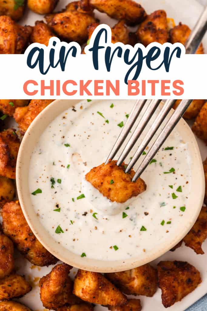 Air fryer chicken bite being dipped into ranch dressing.