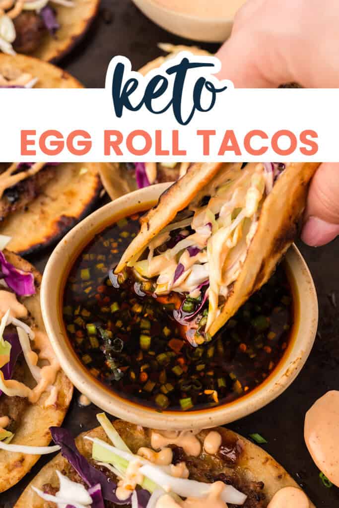 Keto smashed egg roll taco being dipped in sauce.