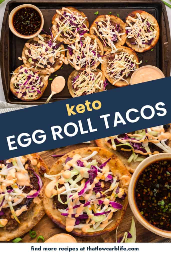 Collage of keto egg roll taco images.