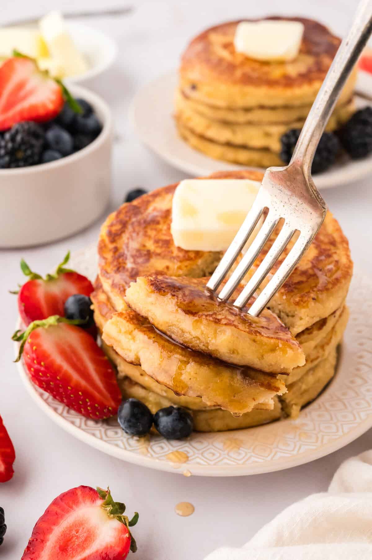 Keto pancakes on fork.