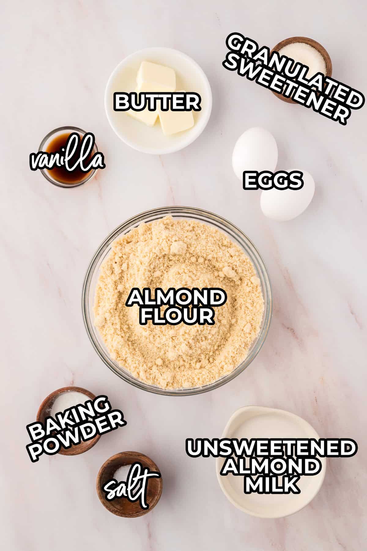 Ingredients for keto almond flour pancakes laid out on counter.