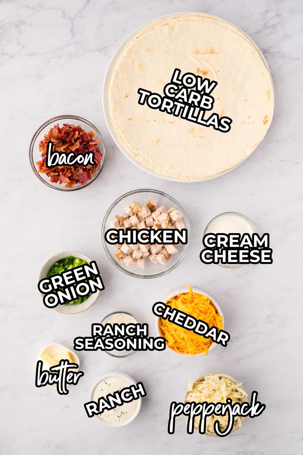Ingredients for chicken bacon ranch quesadilla recipe laid out on counter.