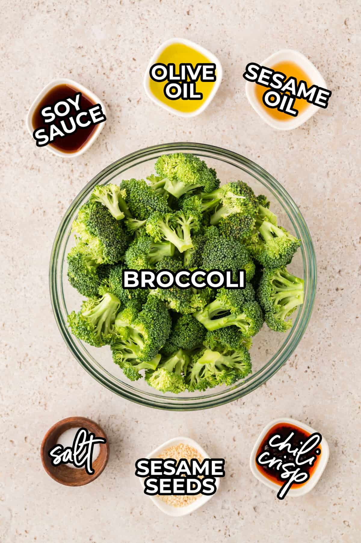 Ingredients for Asian roasted broccoli recipe.