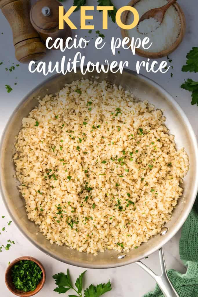 Cacio e pepe style cauliflower rice in skillet.
