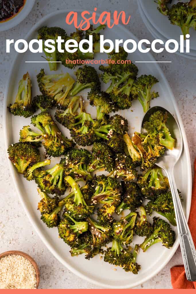 Asian roasted broccoli on white platter.