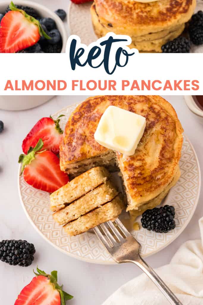 Stacked keto pancakes with a fork.