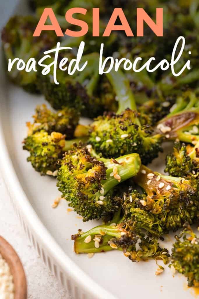 White platter topped with roasted broccoli tossed in Asian seasonings.