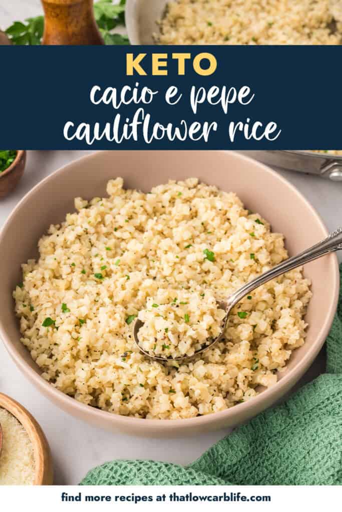 Bowl full of cheesy Parmesan cauliflower rice.