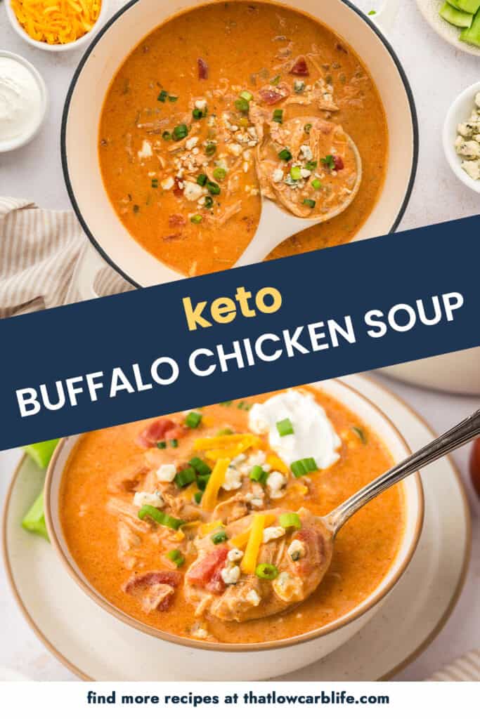 Collage of low carb buffalo chicken soup recipe images.