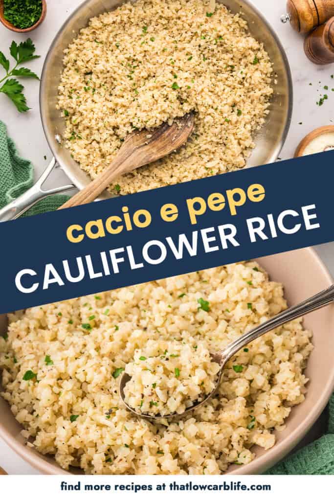 Collage of cacio e pepe cauliflower rice images for Pinterest.